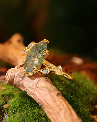 FLORENTINA Floral Garden Marquise Cut Moss Agate Bypass Engagement Ring
