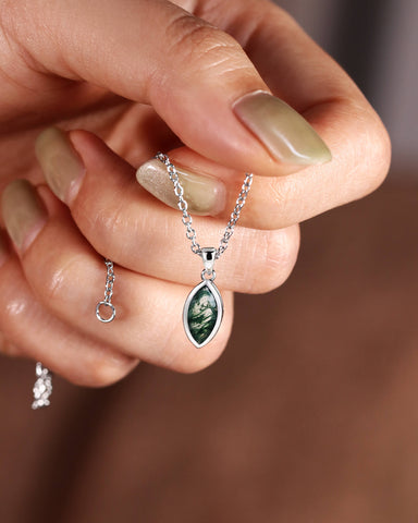 LINNEA Bezel Set Marquise Cut Moss Agate Pendant necklace