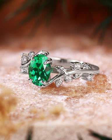 FABIOLA Nature Inspired Oval Cut Emerald Leafy Engagement Ring