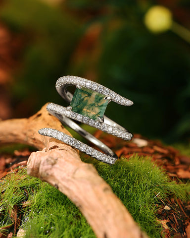 FERNELLE Natural Moss Agate Emerald Cut Three Layer Surround Engagement Ring