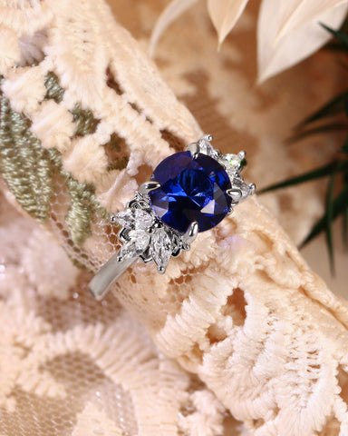 ROSINE Leafy Cluster Round Cut Sapphire Engagement Ring