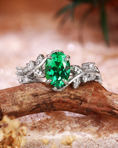 FABIOLA Nature Inspired Oval Cut Emerald Leafy Engagement Ring