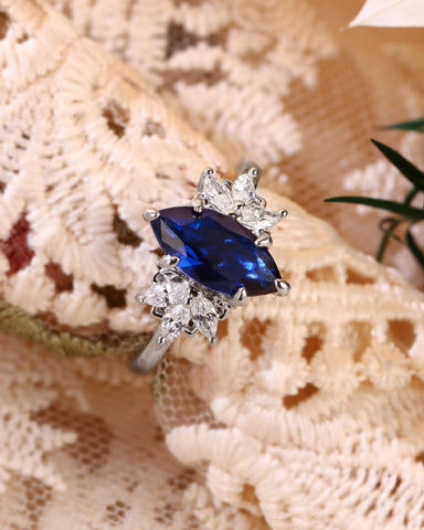 BERNICE Marquise Cut Blue Sapphire Cluster Engagement Ring