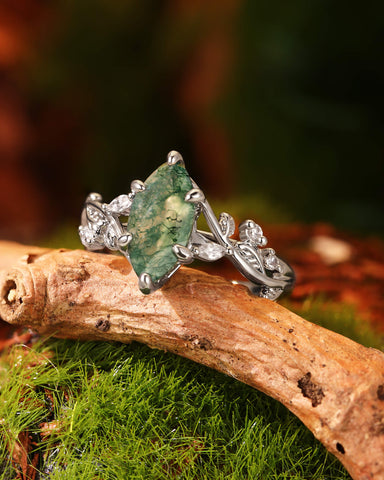 MARCELLA Nature Inspired Marquise Moss Agate Leafy Twist Engagement Ring