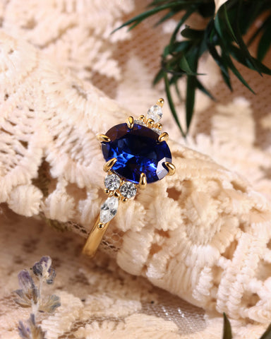 JORA Side Stone Cluster Oval Cut Sapphire Engagement Ring