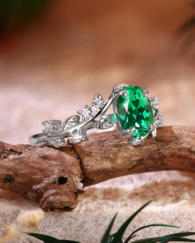 FABIOLA Nature Inspired Oval Cut Emerald Leafy Engagement Ring