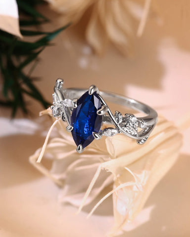 ZARA Nature Inspired Marquise Cut Blue Sapphire Leafy Twist Engagement Ring