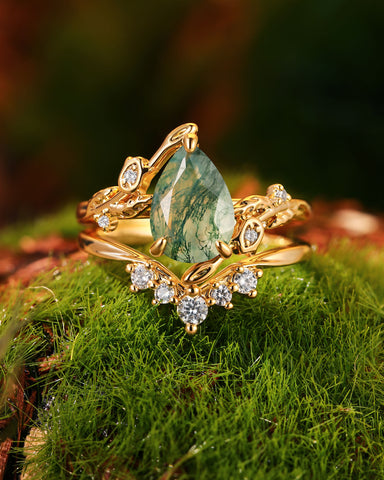 LAVANDE Pear Cut Moss Agate Leafy Flower Engagement Ring Set 2pcs