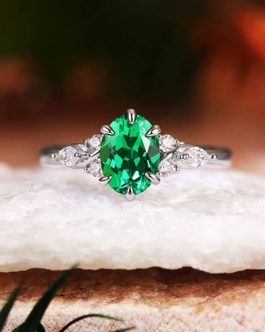 WINONA Vintage Oval Cut Emerald Twist Cluster Engagement Ring