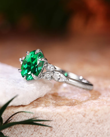WINONA Vintage Oval Cut Emerald Twist Cluster Engagement Ring
