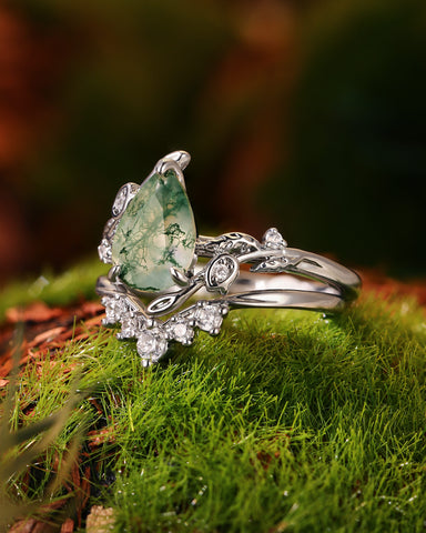 LAVANDE Pear Cut Moss Agate Leafy Flower Engagement Ring Set 2pcs
