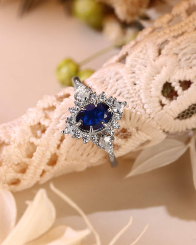 LAPIS Oval Cut Blue Sapphire Vintage Halo Engagement Ring
