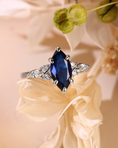 SAPPHIRA Vintage Marquise Cut Blue Sapphire Twist Cluster Engagement Ring