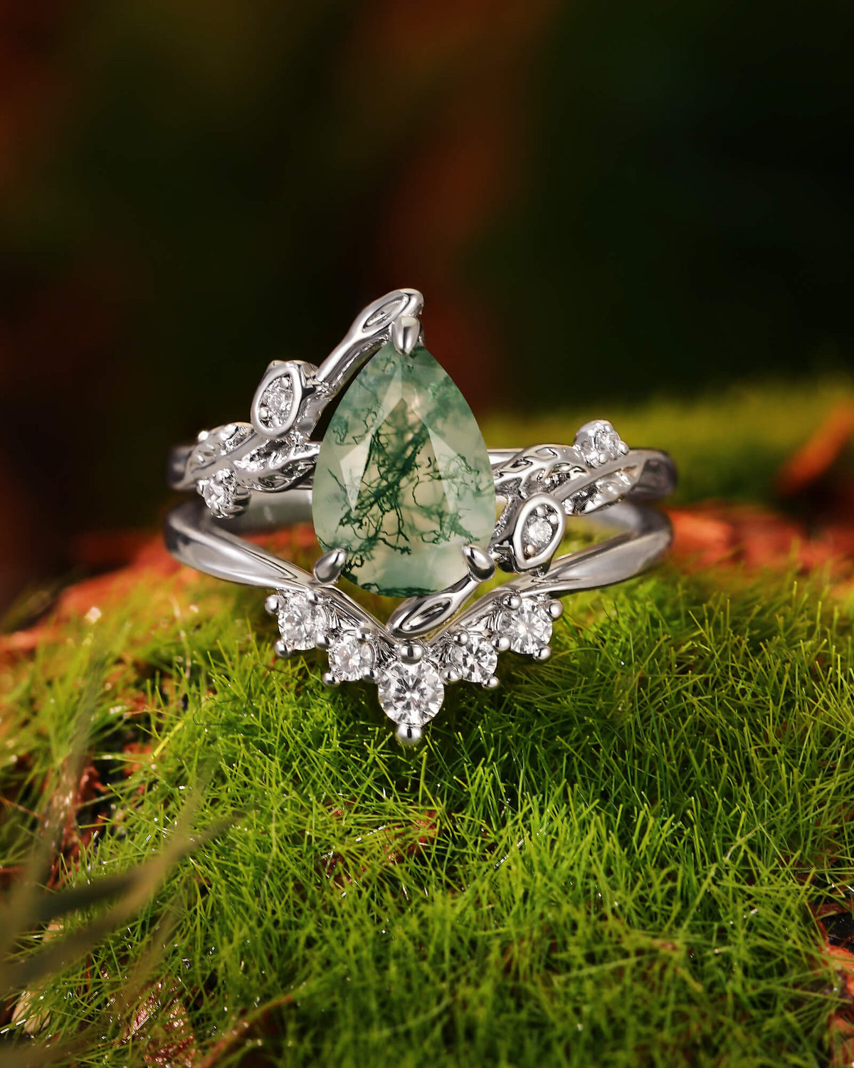 LAVANDE Pear Cut Moss Agate Leafy Flower Engagement Ring Set 2pcs