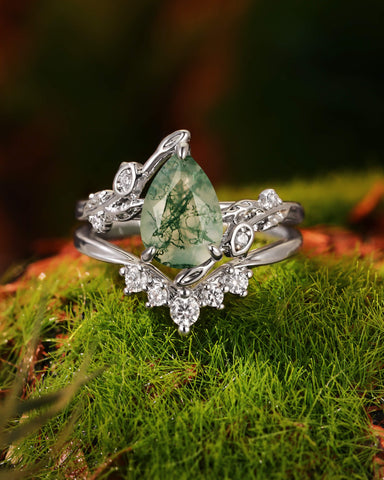 LAVANDE Pear Cut Moss Agate Leafy Flower Engagement Ring Set 2pcs