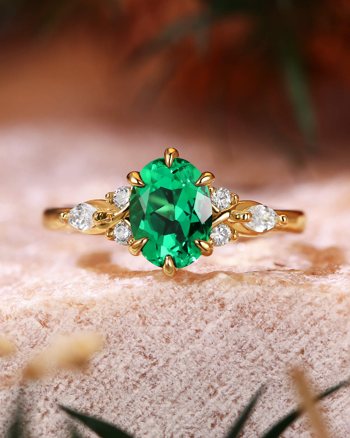 WINONA Vintage Oval Cut Emerald Twist Cluster Engagement Ring