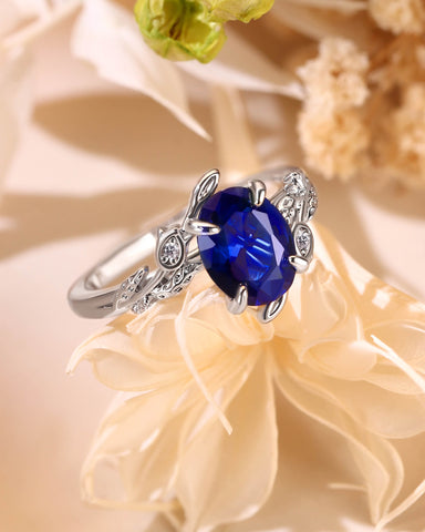 FLORENCE Oval Cut Blue Sapphire Flower & Leafy Engagement Ring