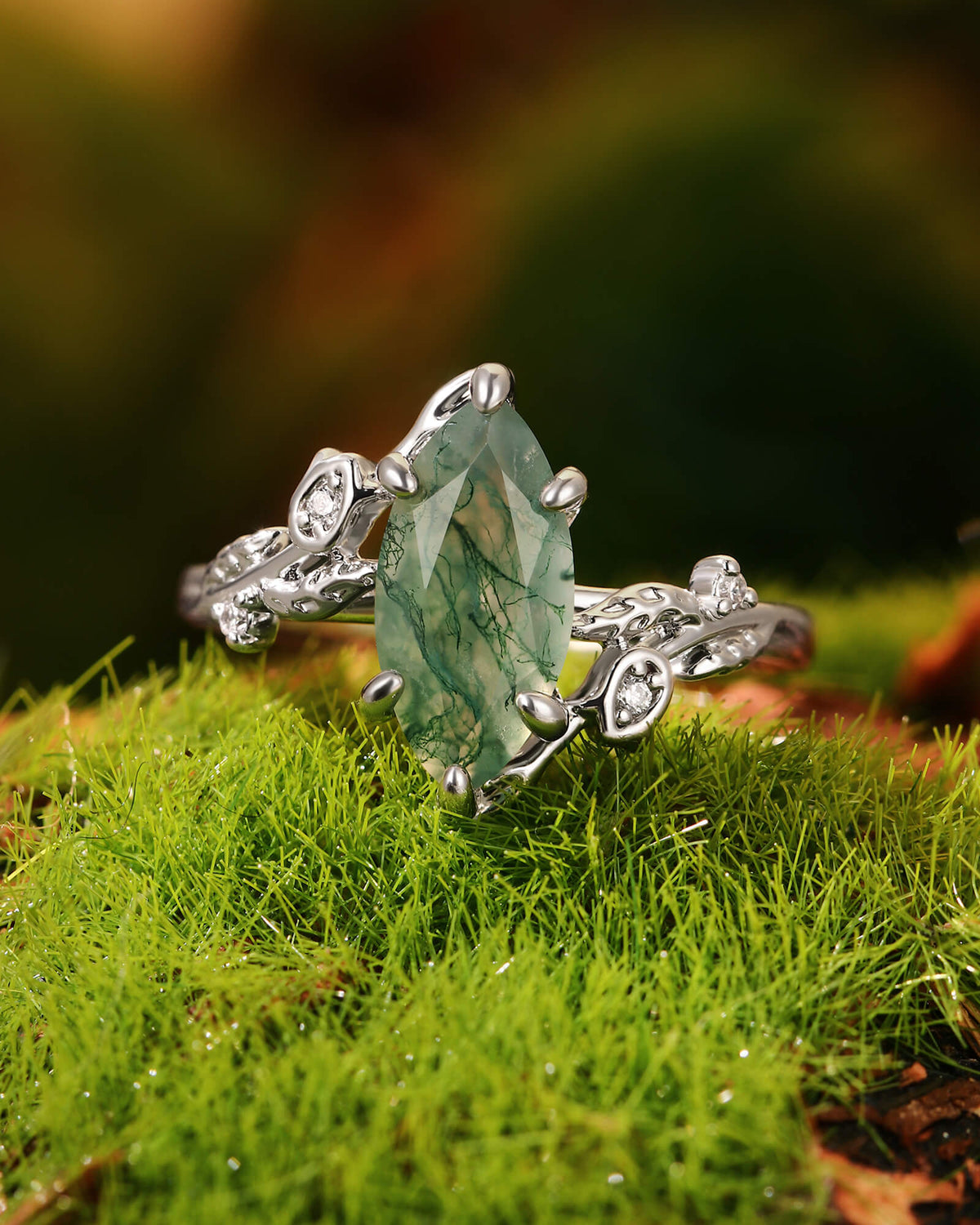 FLORENTINA Floral Garden Marquise Cut Moss Agate Bypass Engagement Ring