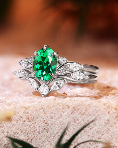 WINONA Unique Oval Cut Emerald Twist Cluster Bridal Set 2pcs