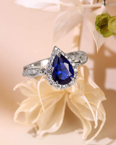 BLUEBELL Floral Inspired Pear Cut Blue Sapphire Halo Engagement Ring