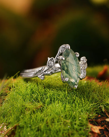 FLORENTINA Floral Garden Marquise Cut Moss Agate Bypass Engagement Ring