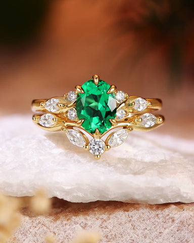 WINONA Unique Oval Cut Emerald Twist Cluster Bridal Set 2pcs