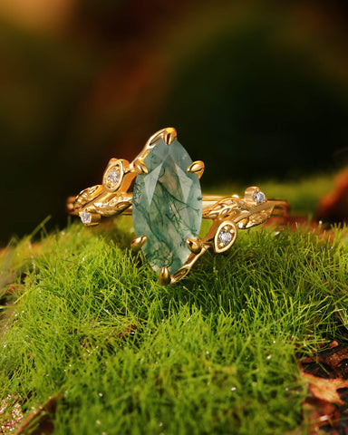 FLORENTINA Floral Garden Marquise Cut Moss Agate Bypass Engagement Ring