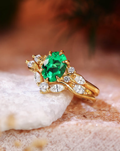 WINONA Unique Oval Cut Emerald Twist Cluster Bridal Set 2pcs