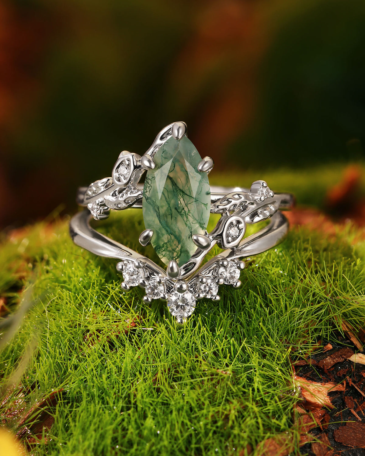 FLORENTINA Garden Fairy Marquise Cut Moss Agate Leafy Floral Cluster Wedding Ring Set 2pcs