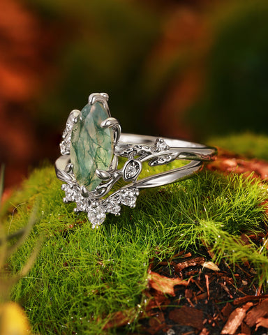FLORENTINA Garden Fairy Marquise Cut Moss Agate Leafy Floral Cluster Wedding Ring Set 2pcs