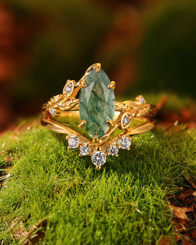 FLORENTINA Garden Fairy Marquise Cut Moss Agate Leafy Floral Cluster Wedding Ring Set 2pcs