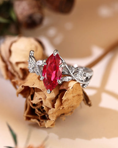 FLAMMA Nature Inspired Marquise Cut Ruby Leafy Fairy Engagement Ring