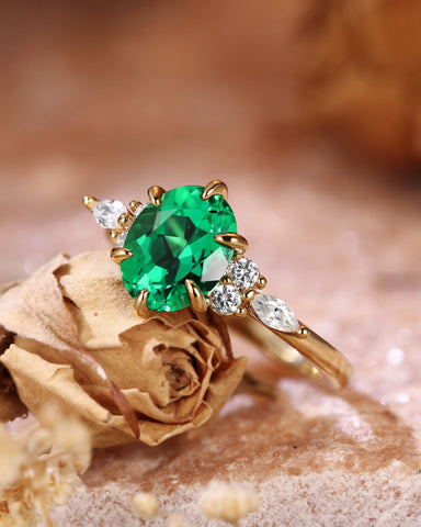 JORA Side Stone Cluster Oval Cut Emerald Engagement Ring