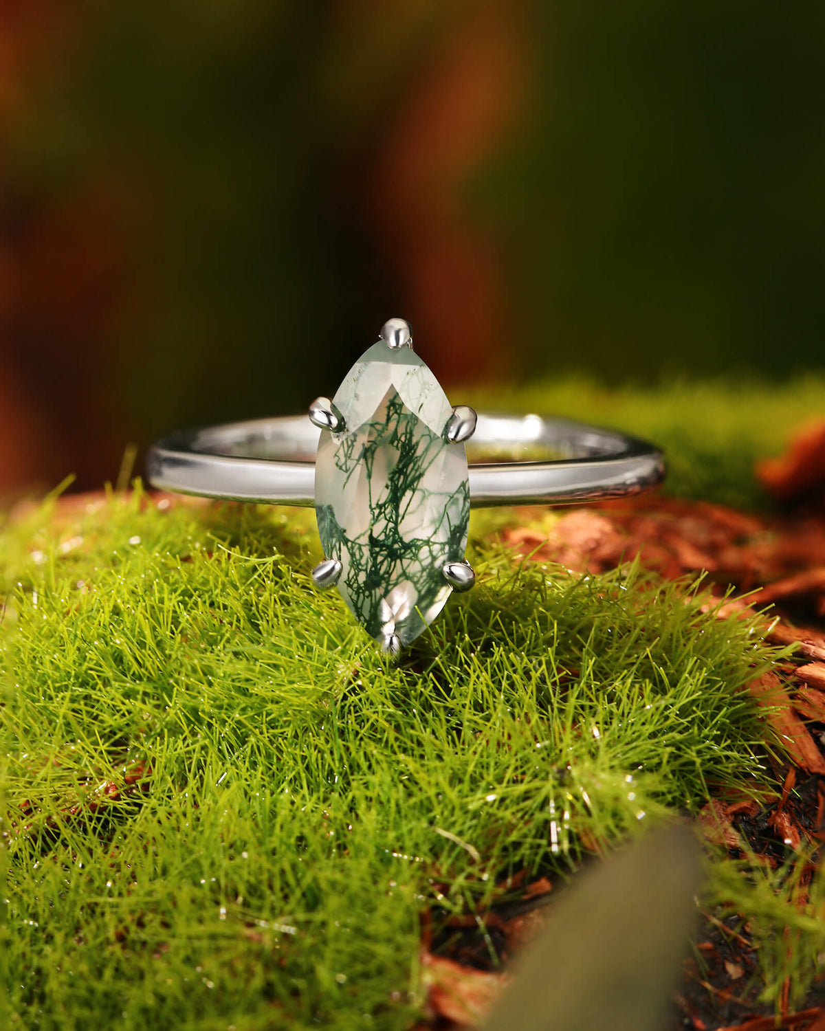 VERNA Marquise Moss Agate Solitaire Engagement Ring
