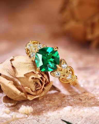 ROYAL Nature Inspired Cushion Cut Emerald Leaf Engagement Ring