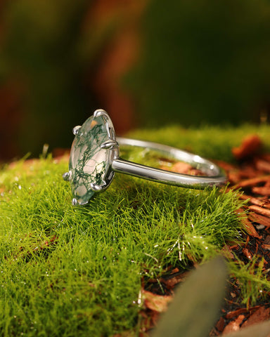 VERNA Marquise Moss Agate Solitaire Engagement Ring