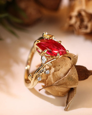 FLAMMA Nature Inspired Marquise Cut Ruby Leafy Fairy Engagement Ring