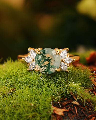 ROSABELLA Round Cut Natural Moss Agate Engagement Ring