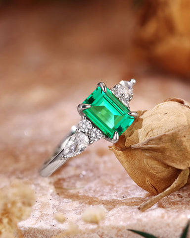 SULLY Vintage Side Stone Emerald Engagement Ring