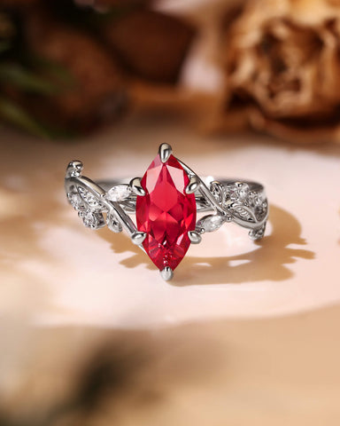 FLAMMA Nature Inspired Marquise Cut Ruby Leafy Fairy Engagement Ring