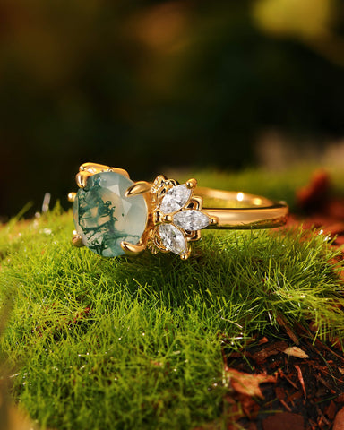 ROSABELLA Round Cut Natural Moss Agate Engagement Ring
