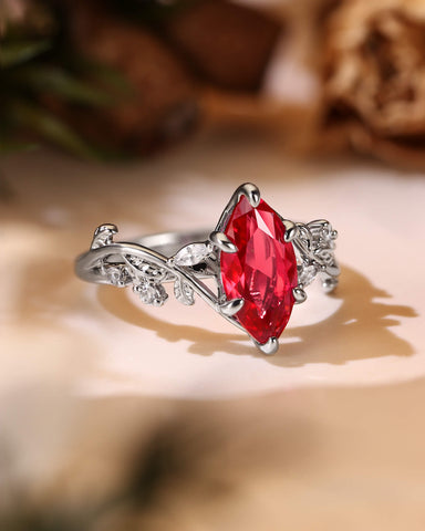 FLAMMA Nature Inspired Marquise Cut Ruby Leafy Fairy Engagement Ring