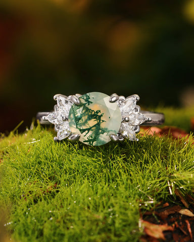 ROSABELLA Round Cut Natural Moss Agate Engagement Ring