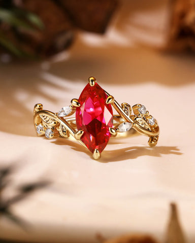 FLAMMA Nature Inspired Marquise Cut Ruby Leafy Fairy Engagement Ring