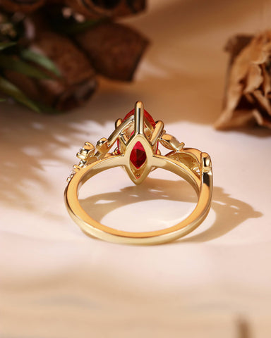 FLAMMA Nature Inspired Marquise Cut Ruby Leafy Fairy Engagement Ring