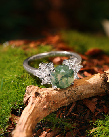 ROSABELLA Round Cut Natural Moss Agate Engagement Ring