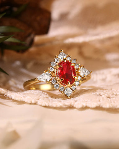 BLAZE Oval Cut Ruby Unique Halo Engagement Ring