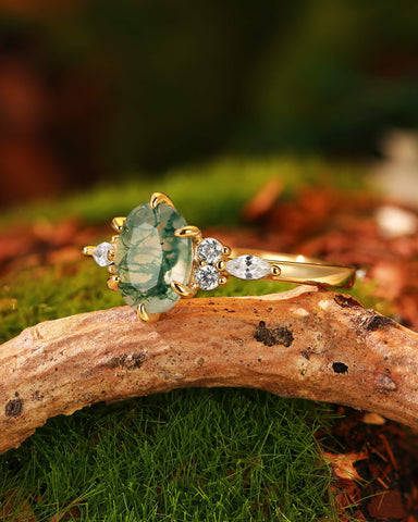 YSOLDE Nature Inspired Oval Cut Moss Agate Classic Engagement Ring
