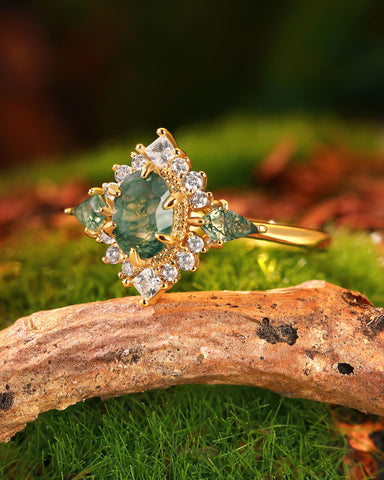 KISMET Moss Agate Oval & Kite Cut Cluster Vintage Engagement Ring