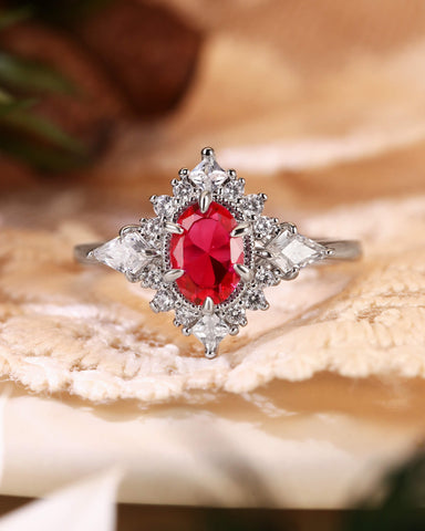 BLAZE Oval Cut Ruby Unique Halo Engagement Ring